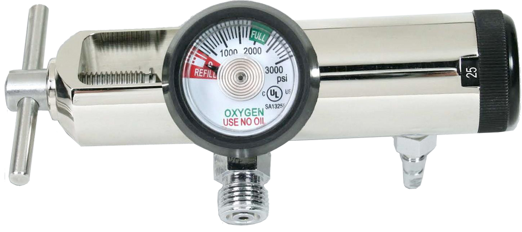 LINE2design Solid Brass Medical Oxygen Regulator 0 - 25 L / min Barbed Fitting Packed In Clear Poly Bag - LINE2EMS - Oxygen Regulators