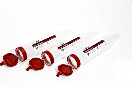 LINE2design Portable Sharps Needles Container Small Pocket Size Travel Sharps Containers with Locking Lid - Semi Clear