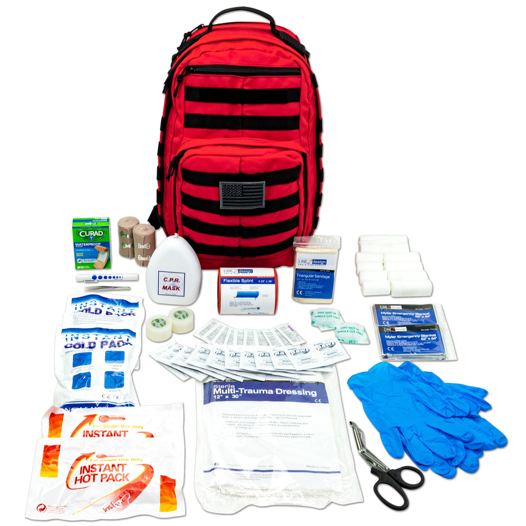 LINE2design Emergency Medical Stop Bleeding First Aid Kit, Tactical MOLLE Backpack Fully Stocked Rescue Kit-Red